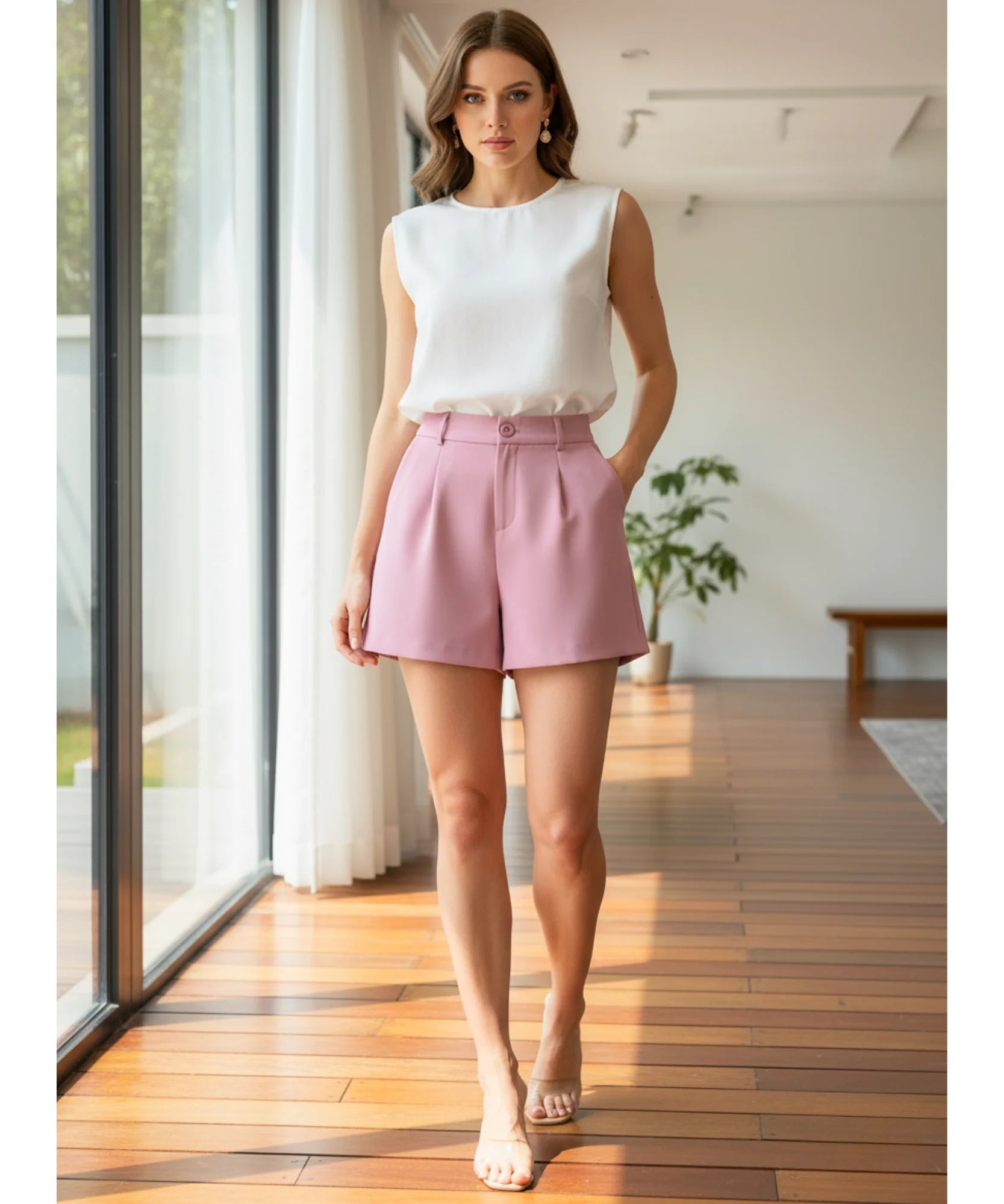 Comprar shorts alfaiataria feminino cintura alta elástico curto modelagem solta elegante barato ZARA
