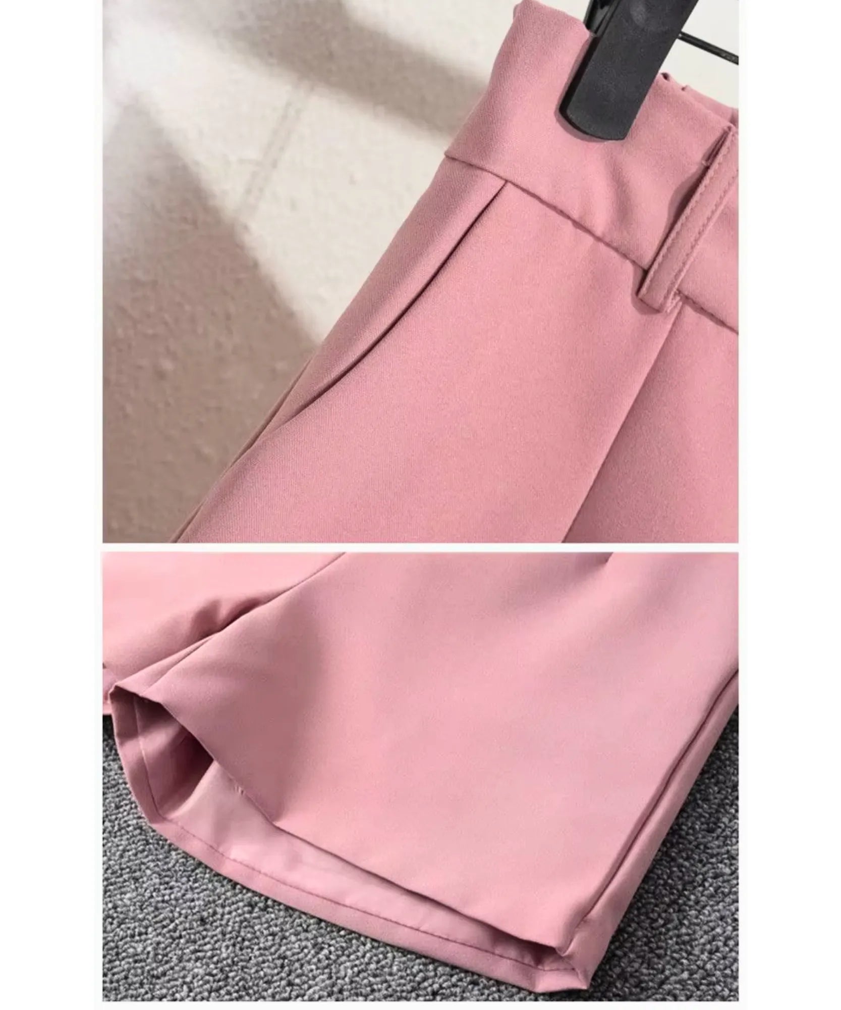 Detalhe do bolso lateral e da barra do shorts alfaiataria feminino na cor rosa