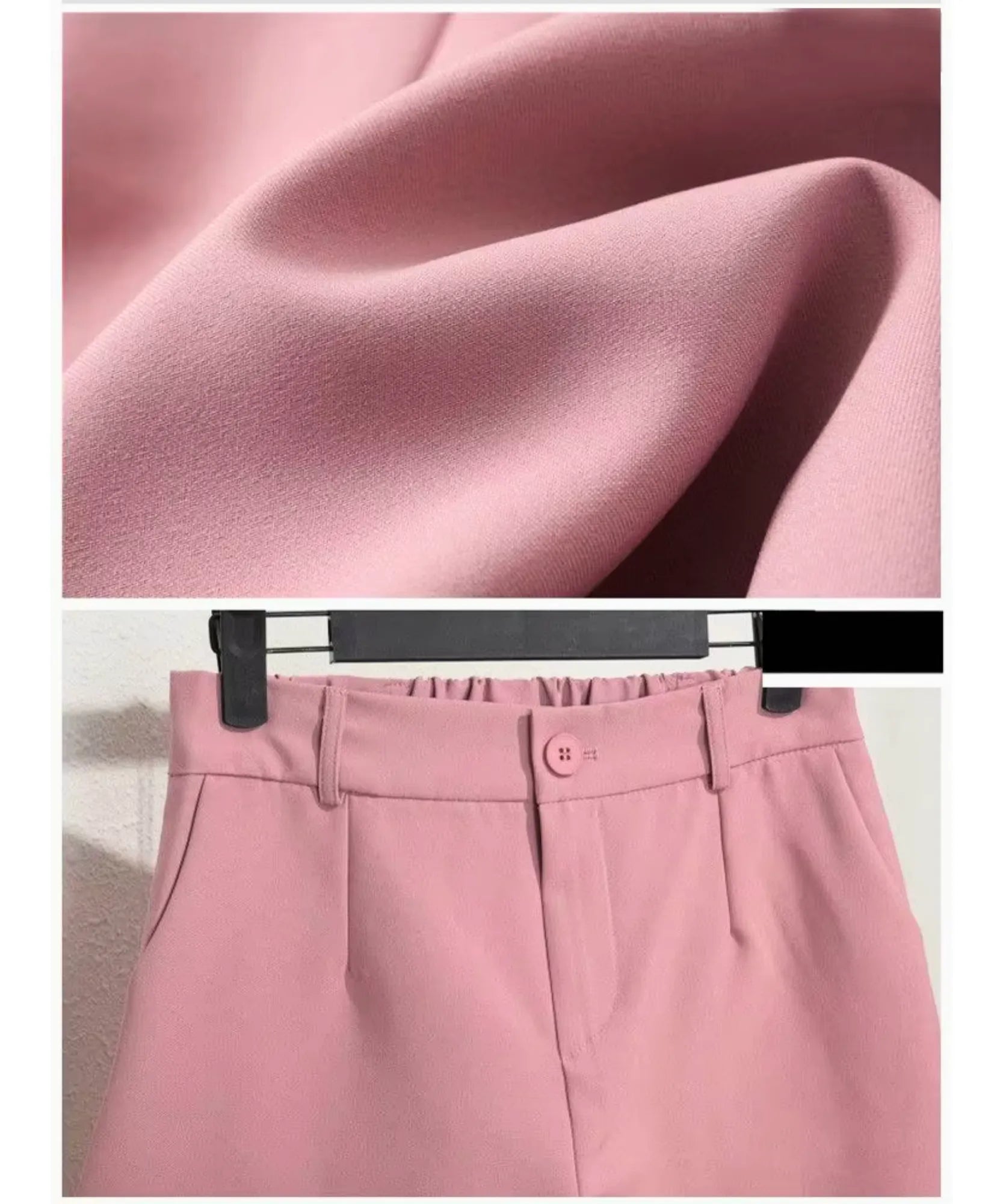 Detalhe do tecido e da cintura alta do shorts alfaiataria feminino rosa