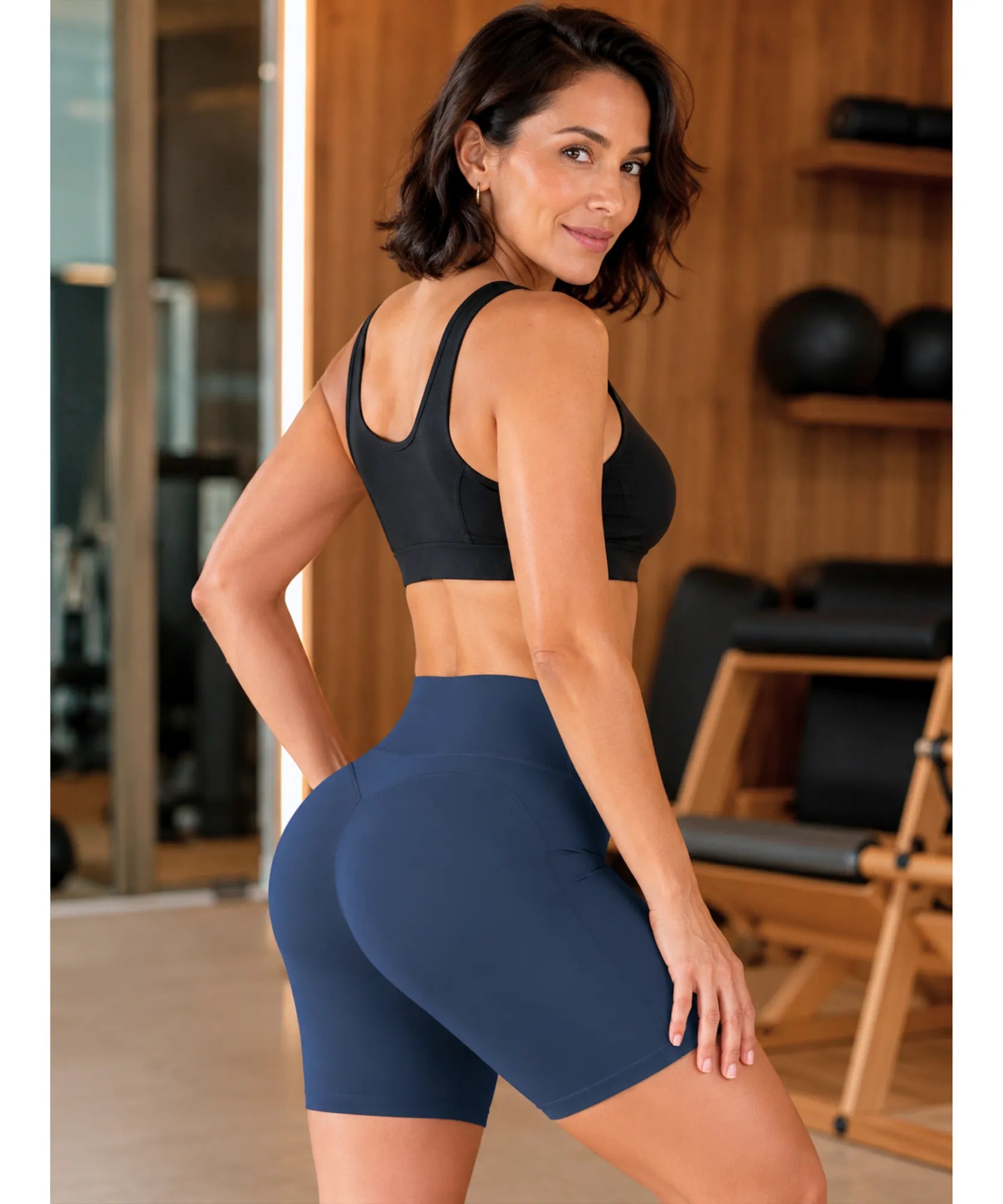 Comprar shorts fitness feminino cintura alta compressão suplex modelador para academia treino corrida barato ANELLIMN