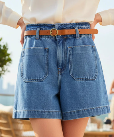 Comprar shorts jeans feminino azul cintura alta com cinto bolsos frontais algodão barra dobrada em promoção ZARA
