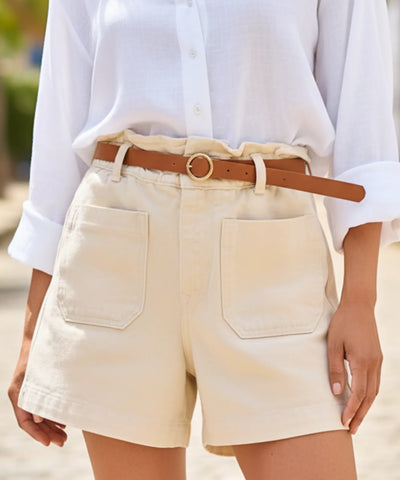 Comprar shorts jeans feminino bege cintura alta com cinto bolsos frontais algodão barra dobrada em promoção ZARA
