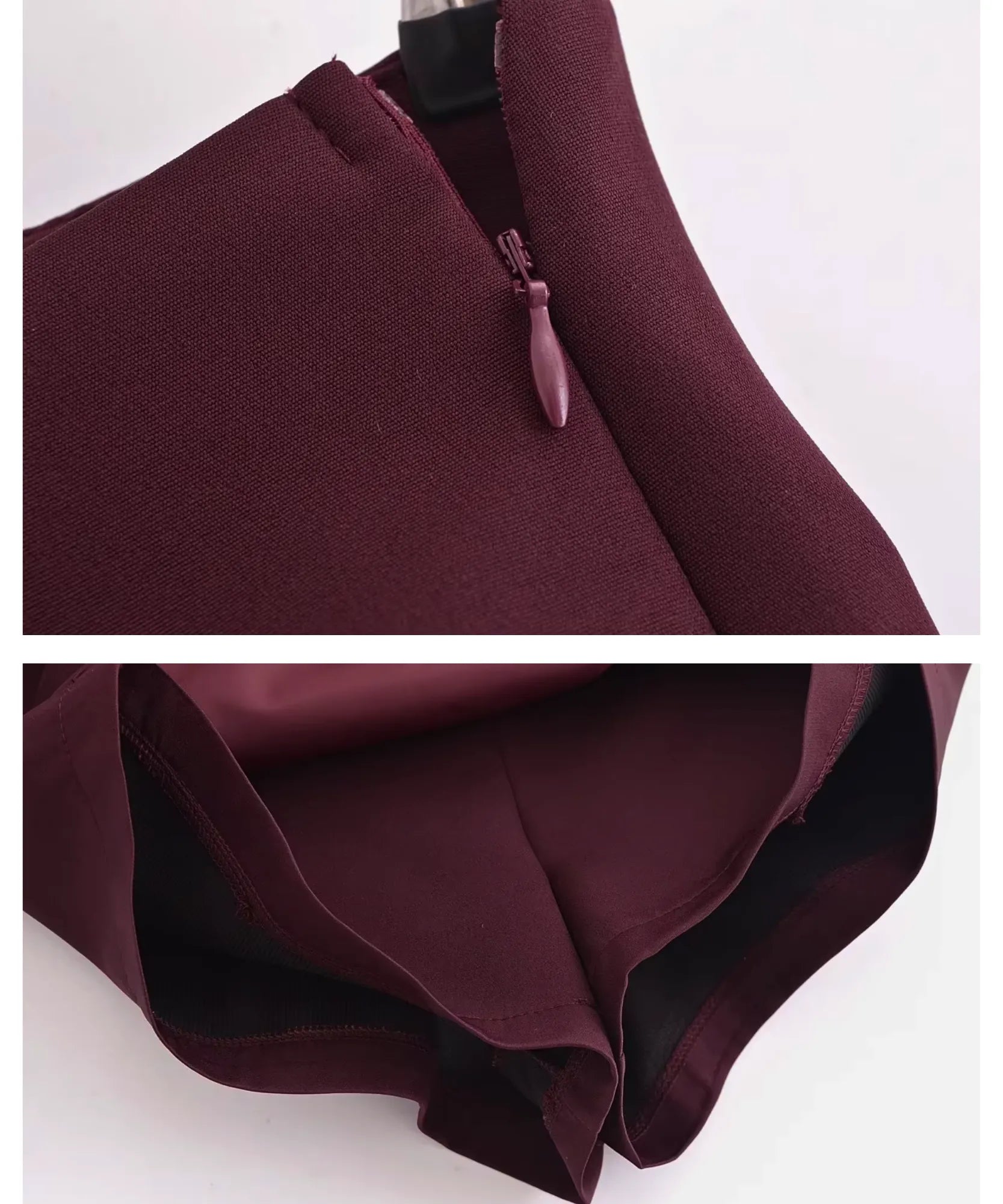 Ziper lateral aberto e forro interno do shorts saia de alfaiataria feminino vinho