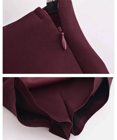 Ziper lateral aberto e forro interno do shorts saia de alfaiataria feminino vinho