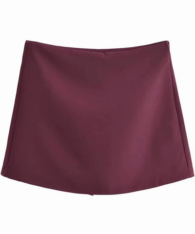 Shorts saia de alfaiataria feminino cintura alta vinho, foto do produto de frente em fundo branco