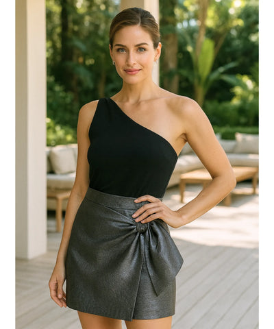 Shorts Saia Feminino Couro Metalizado Laço Elegante | Cezier