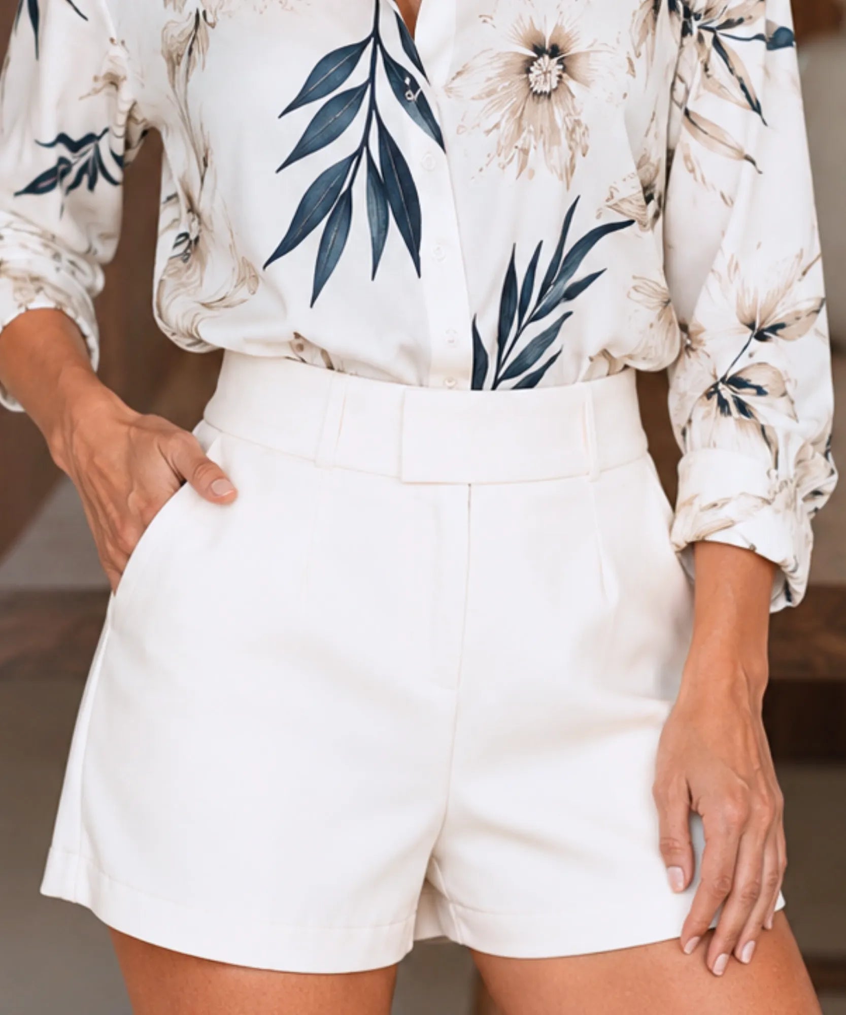 Comprar shorts social feminino cintura alta cós largo branco barato Anellimn