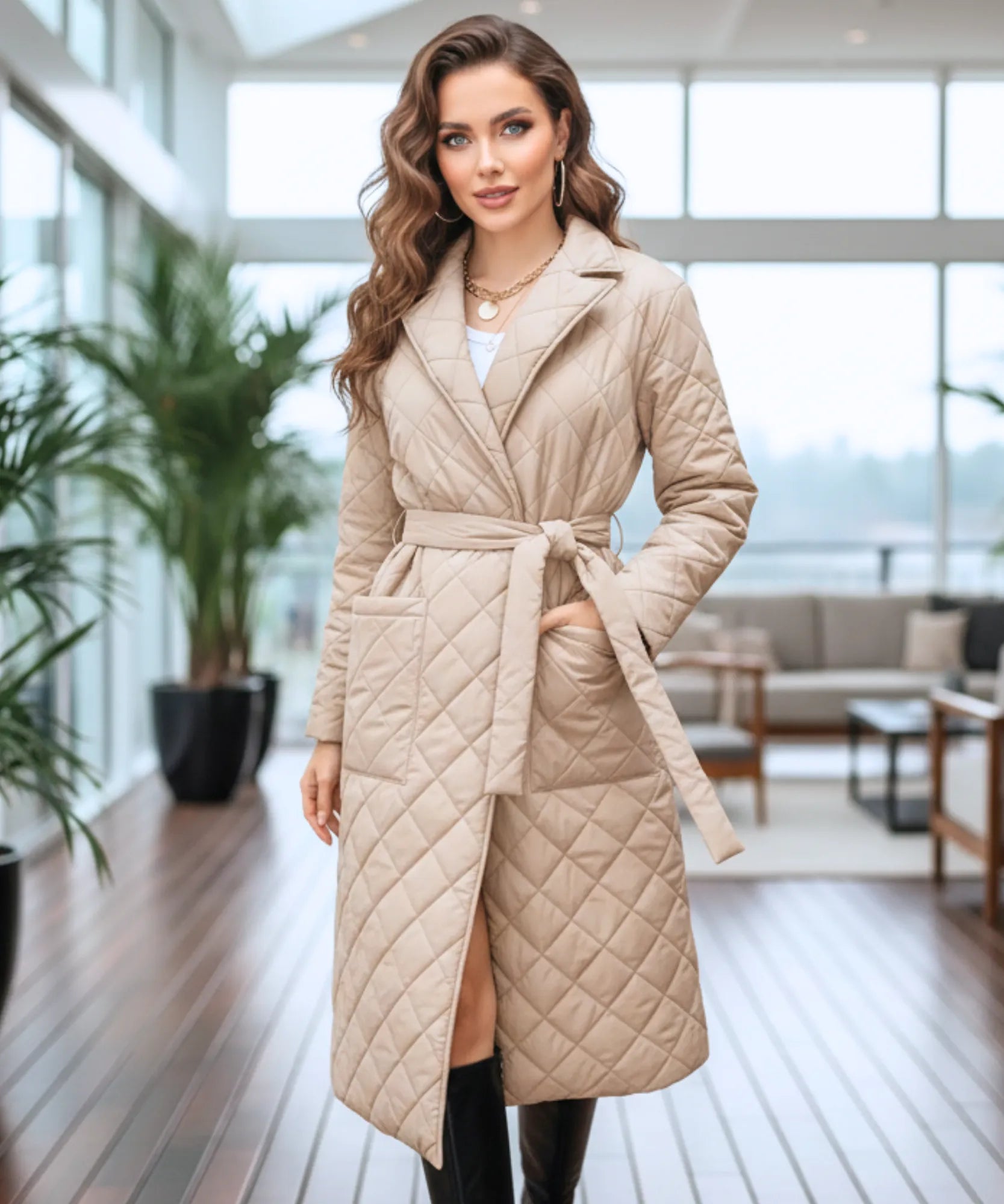 Comprar sobretudo feminino de algodão matelassado com cinto e gola alfaiatada para looks sofisticados de inverno barato ZARA