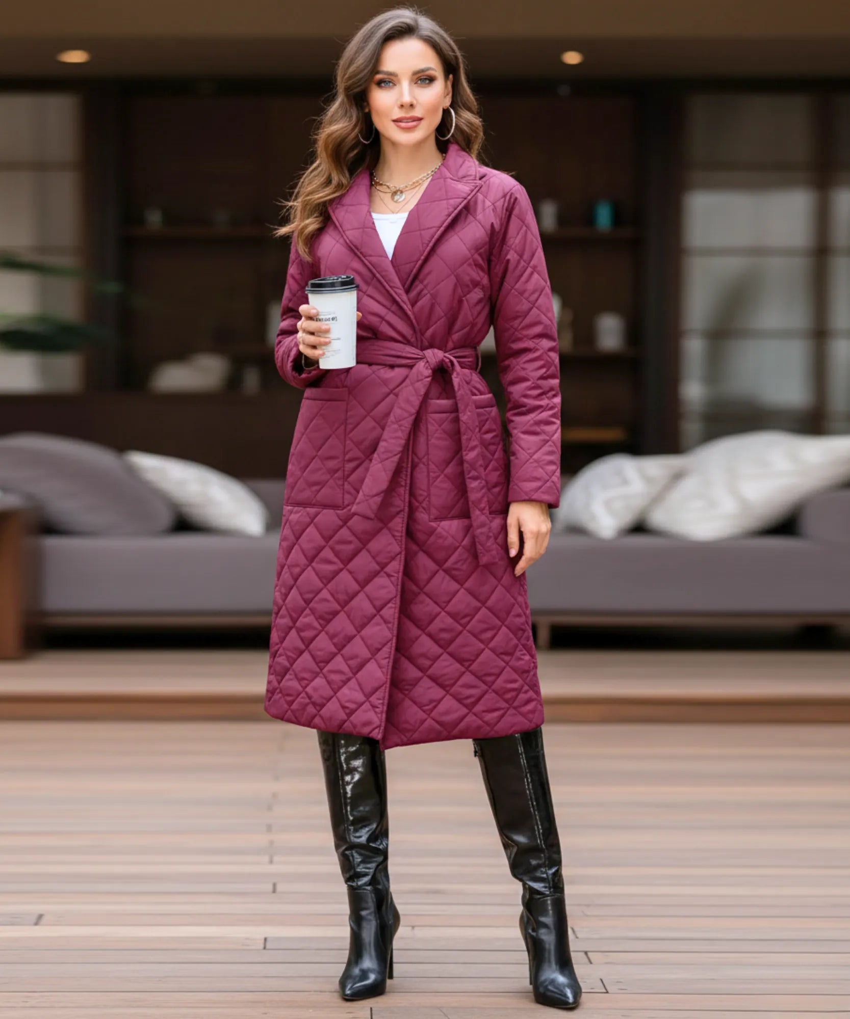 Comprar sobretudo feminino de algodão matelassado com cinto e gola alfaiatada para looks sofisticados de inverno barato ZARA