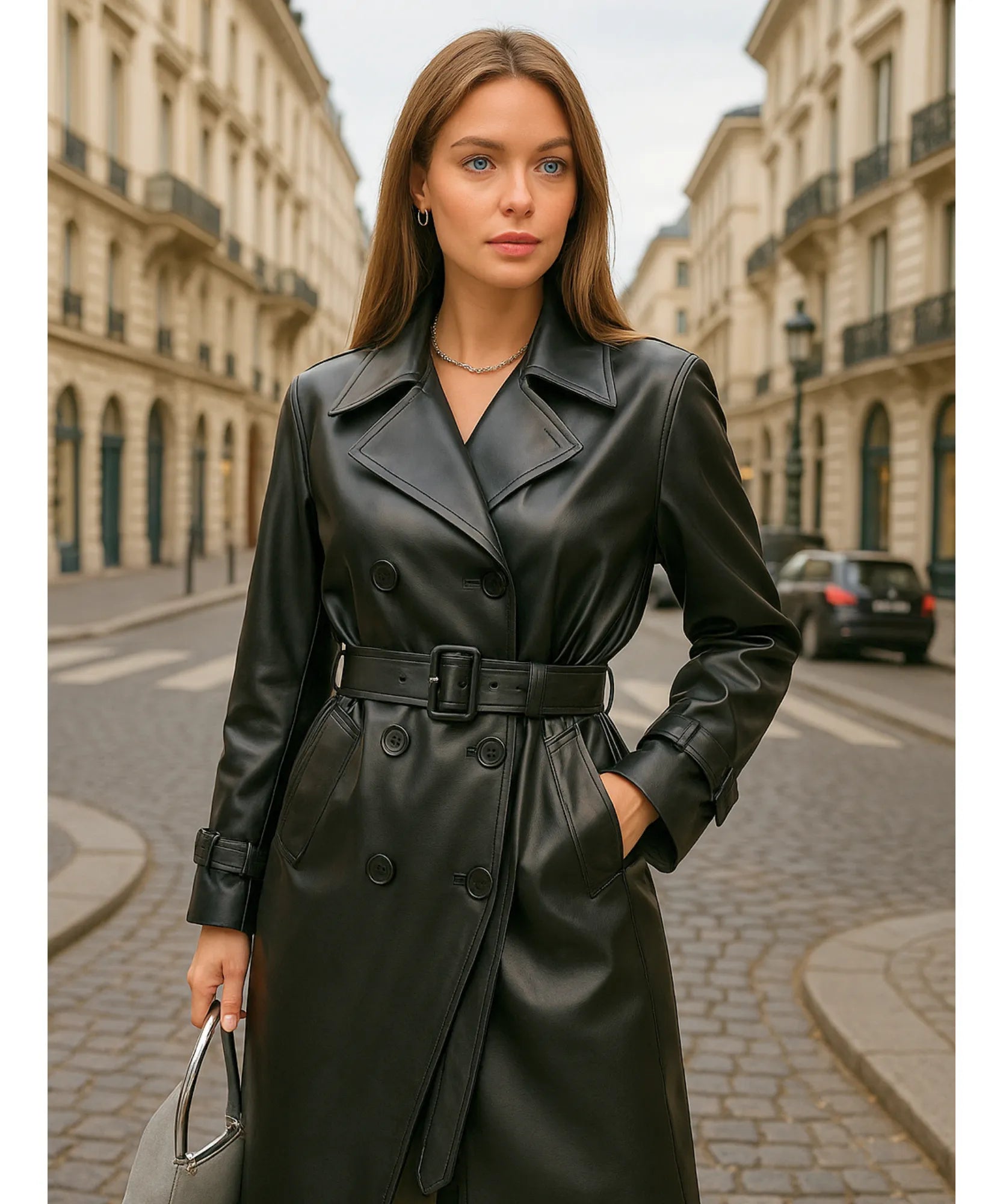 Comprar sobretudo feminino longo de couro preto eco com cinto ajustável elegante e brilhoso para inverno em promoção ZARA 
