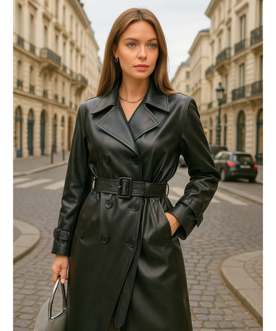Comprar sobretudo feminino longo de couro preto eco com cinto ajustável elegante e brilhoso para inverno em promoção ZARA 
