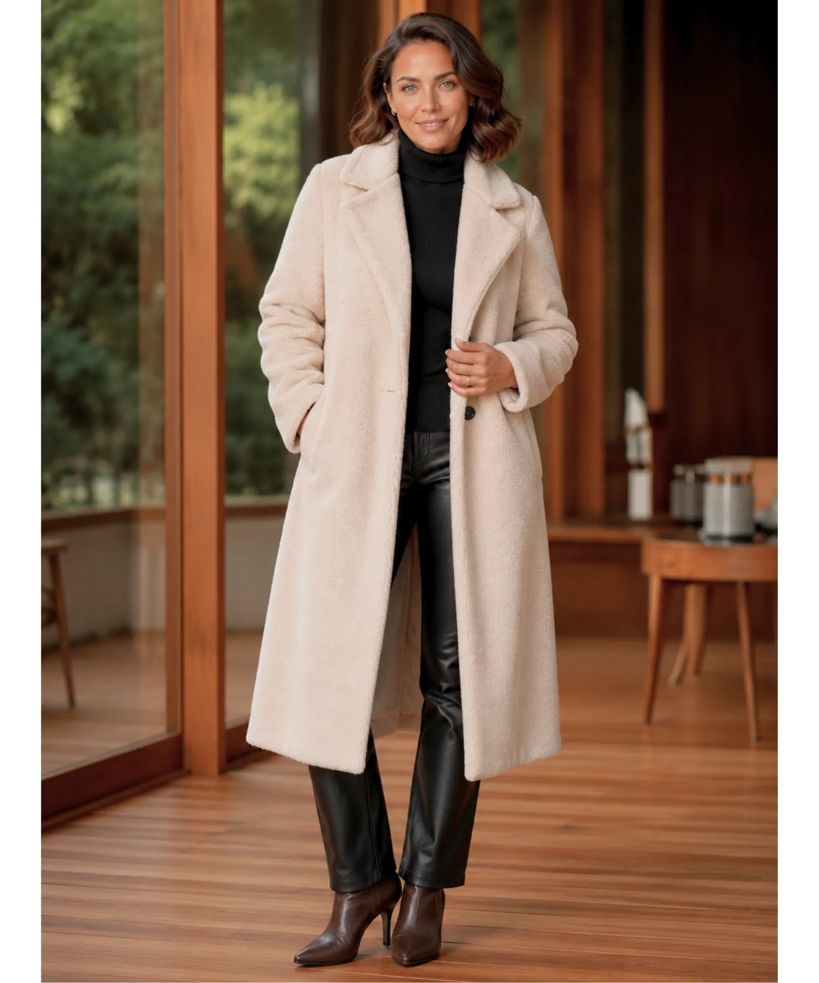 Comprar sobretudo feminino longo peluciado elegante para inverno intenso com caimento confortável e toque luxuoso em oferta exclusiva barato ANELLIMN