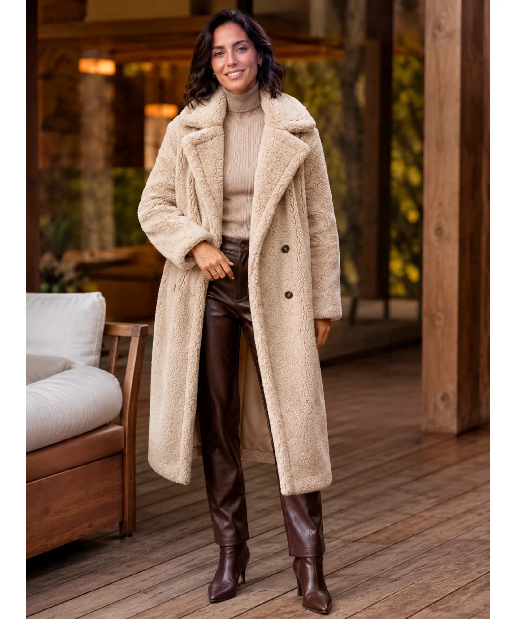 Comprar sobretudo feminino longo peluciado elegante para inverno intenso com caimento confortável e toque luxuoso em oferta exclusiva barato ANELLIMN