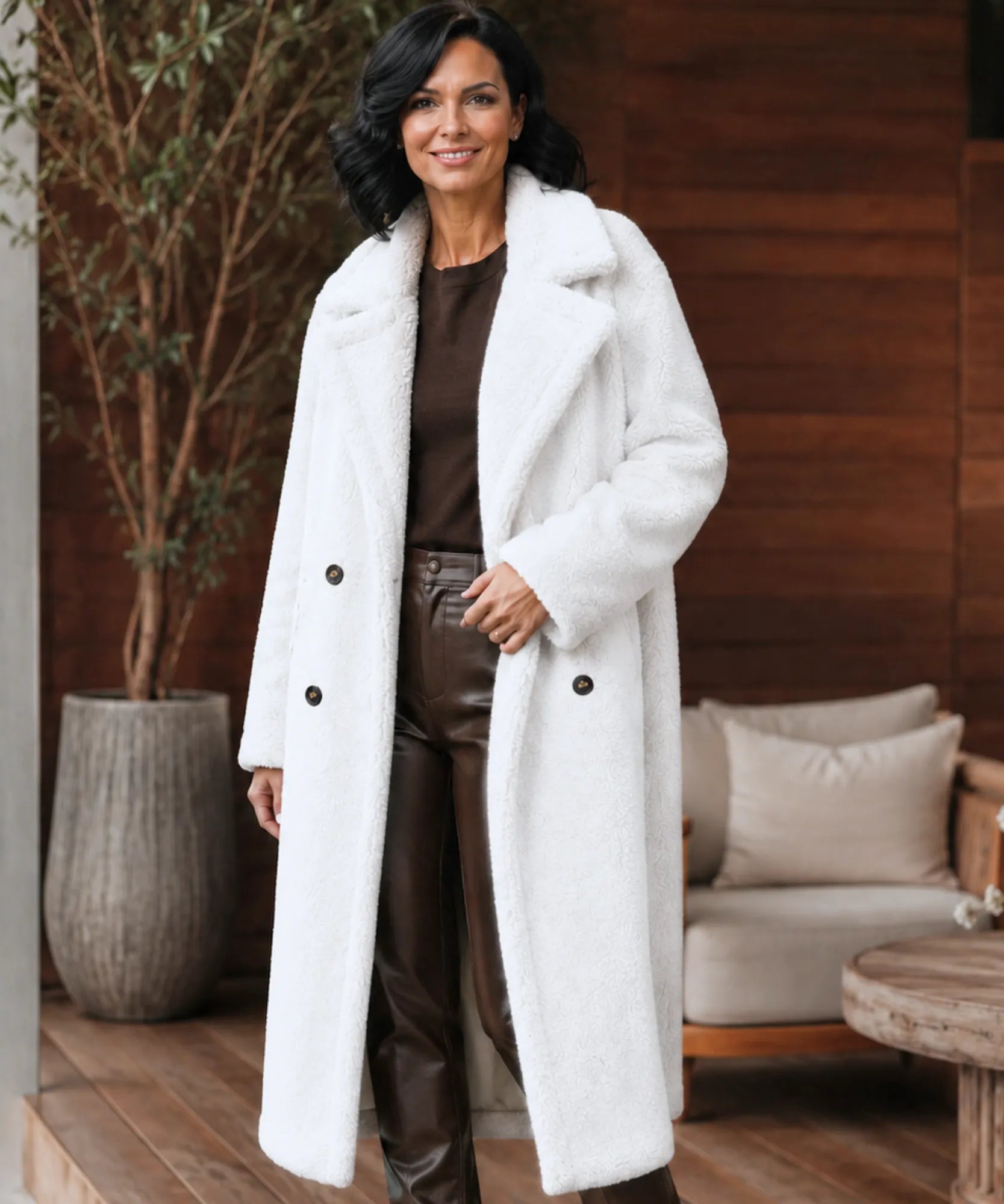 Comprar sobretudo feminino longo peluciado elegante para inverno intenso com caimento confortável e toque luxuoso em oferta exclusiva barato ANELLIMN