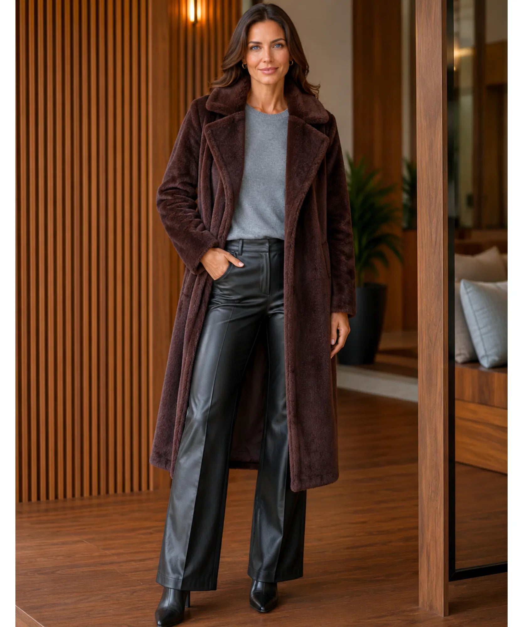 Comprar sobretudo feminino longo peluciado elegante para inverno intenso com caimento confortável e toque luxuoso em oferta exclusiva barato ANELLIMN