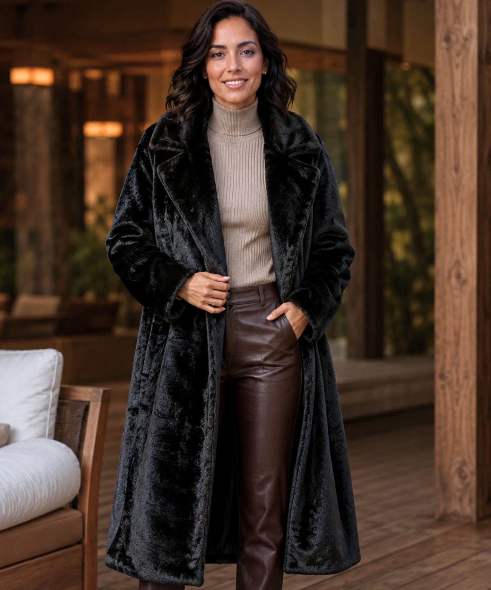 Comprar sobretudo feminino longo peluciado elegante para inverno intenso com caimento confortável e toque luxuoso em oferta exclusiva barato ANELLIMN