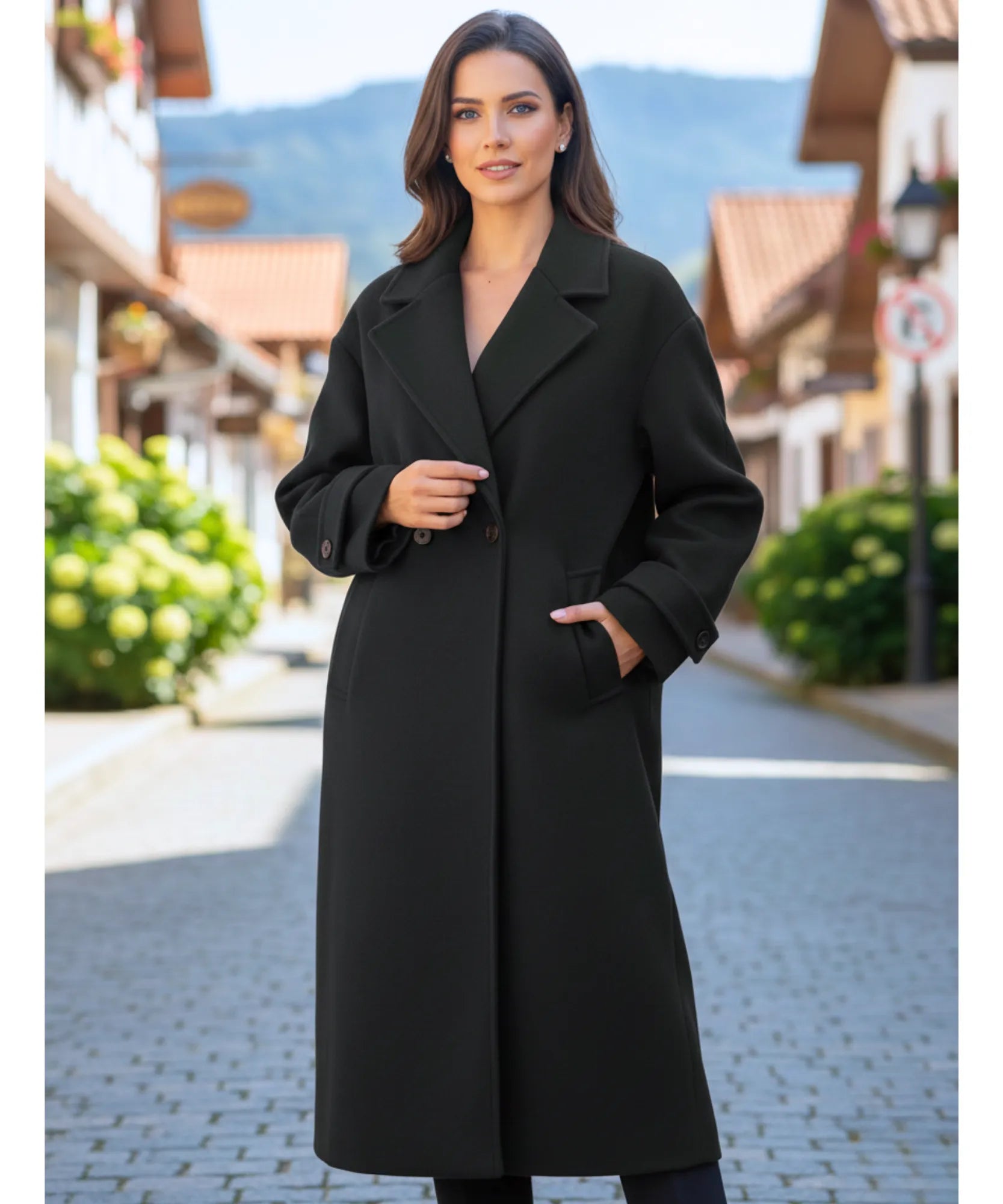 Comprar sobretudo feminino de lã batida preto com forro elegante corte reto para inverno urbano barato ZARA
