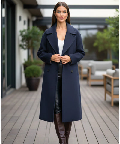 Comprar sobretudo feminino longo azul de lã batida com corte reto, botões duplos e caimento elegante para inverno urbano com estilo europeu barato ZARA