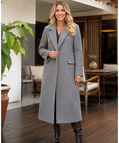 Comprar sobretudo feminino longo de lã batida com corte estruturado e botões duplos elegante para inverno sofisticado em promoção ANELLIMN