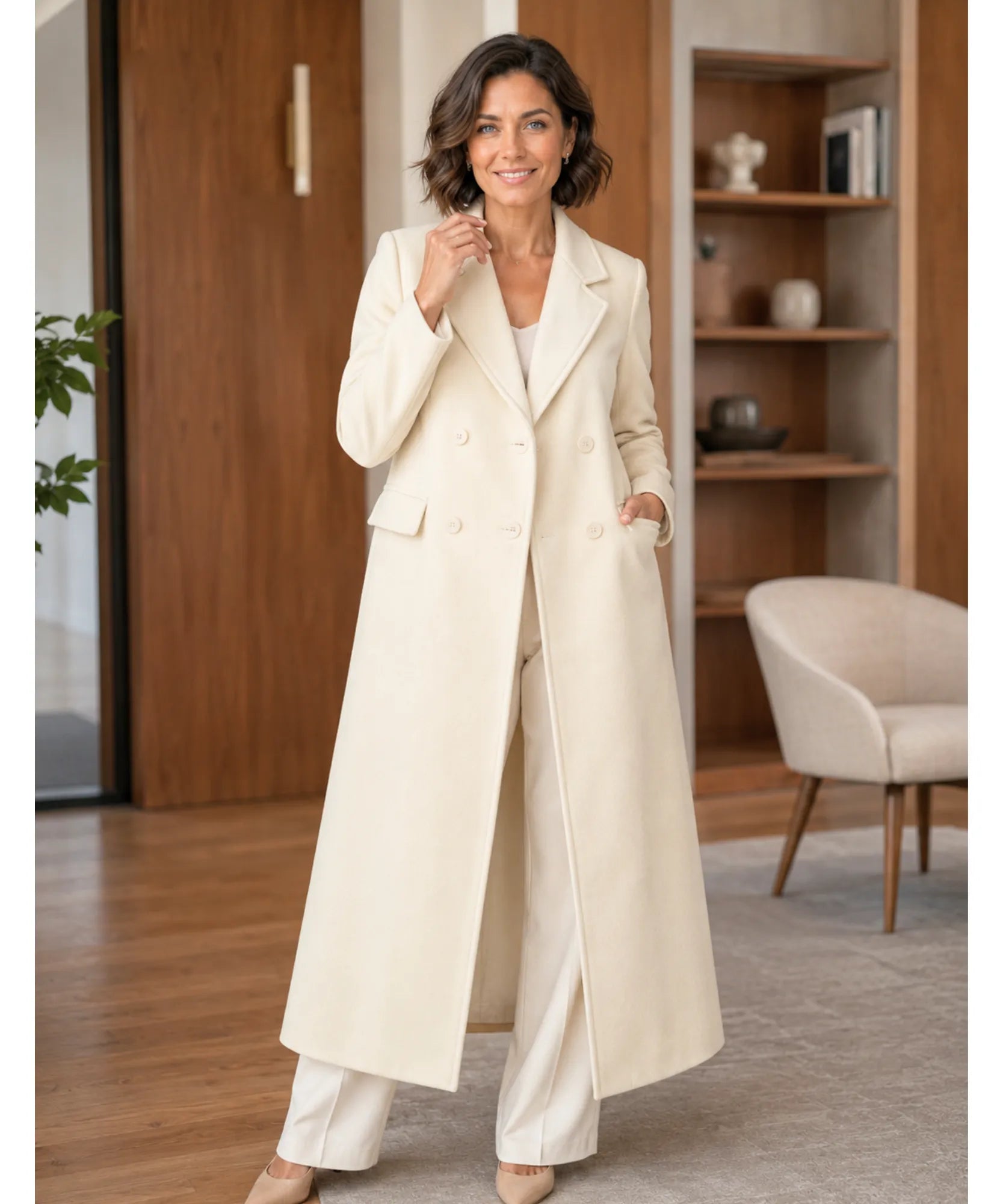 Comprar sobretudo feminino longo de lã batida com corte estruturado e botões duplos elegante para inverno sofisticado em promoção ANELLIMN