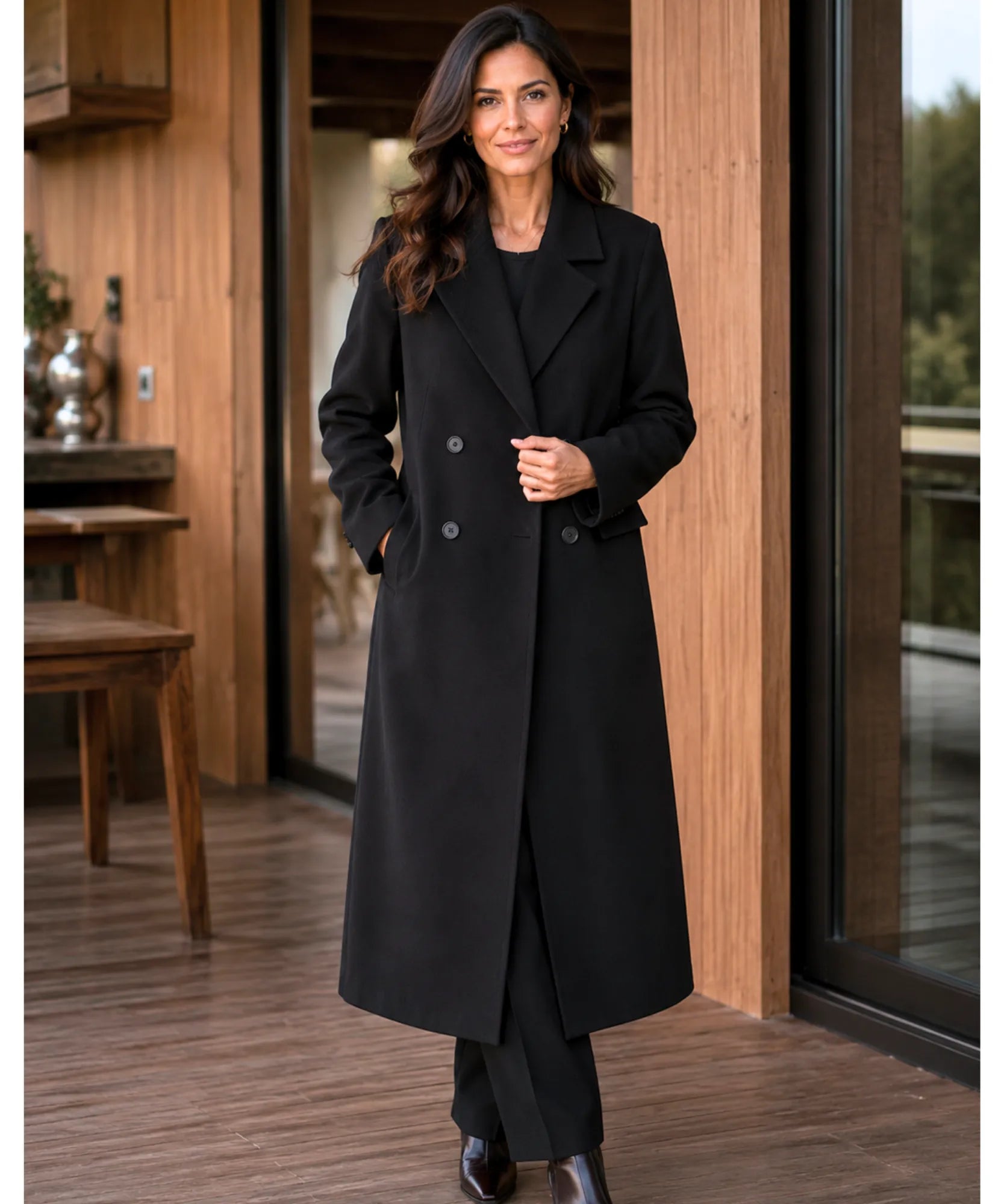 Comprar sobretudo feminino longo de lã batida com corte estruturado e botões duplos elegante para inverno sofisticado em promoção ANELLIMN