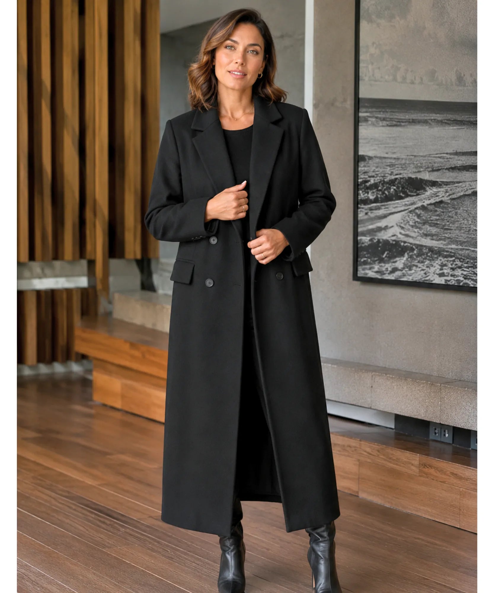 Comprar sobretudo feminino longo de lã batida com corte estruturado e botões duplos elegante para inverno sofisticado em promoção ANELLIMN
