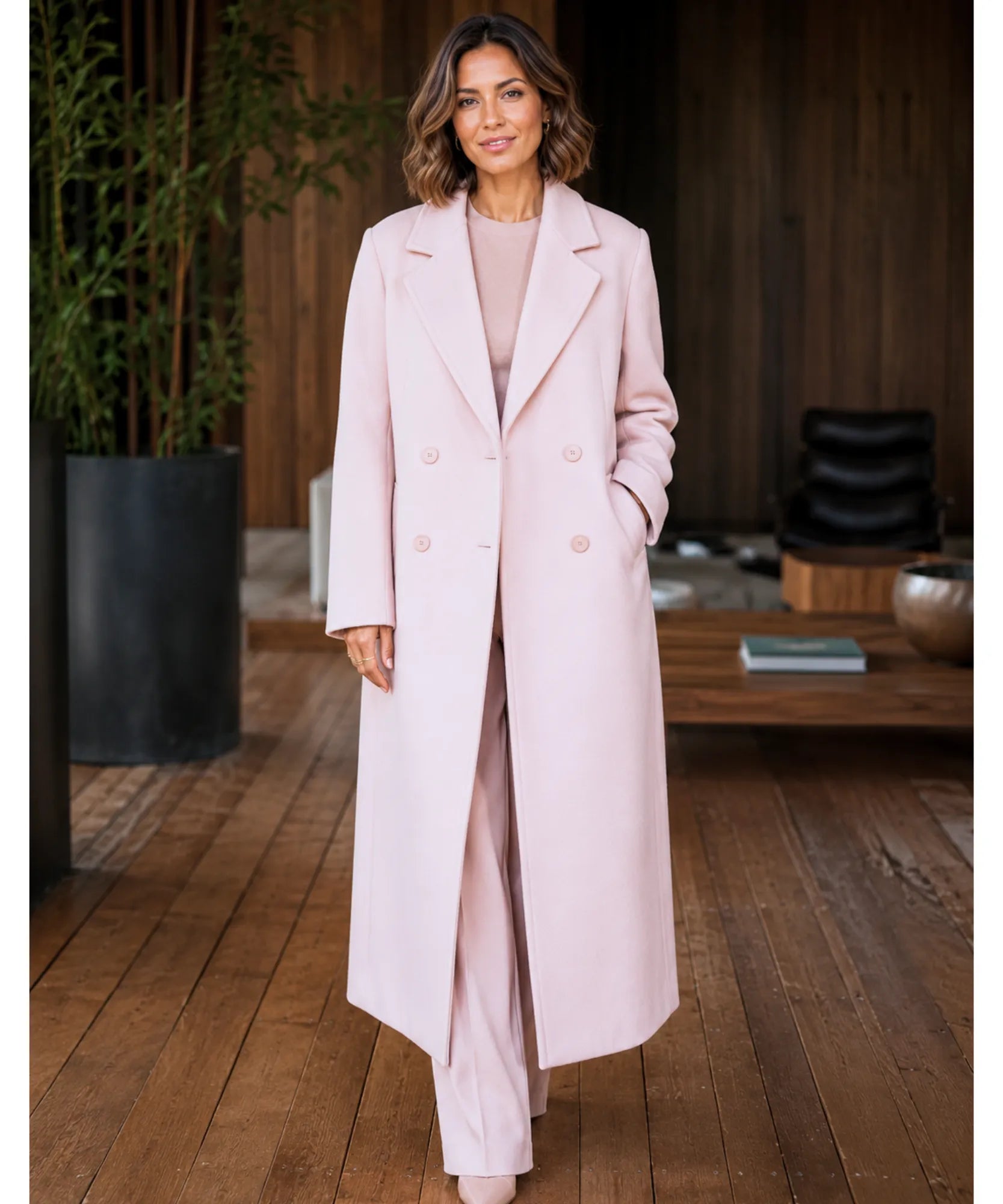 Comprar sobretudo feminino longo de lã batida com corte estruturado e botões duplos elegante para inverno sofisticado em promoção ANELLIMN