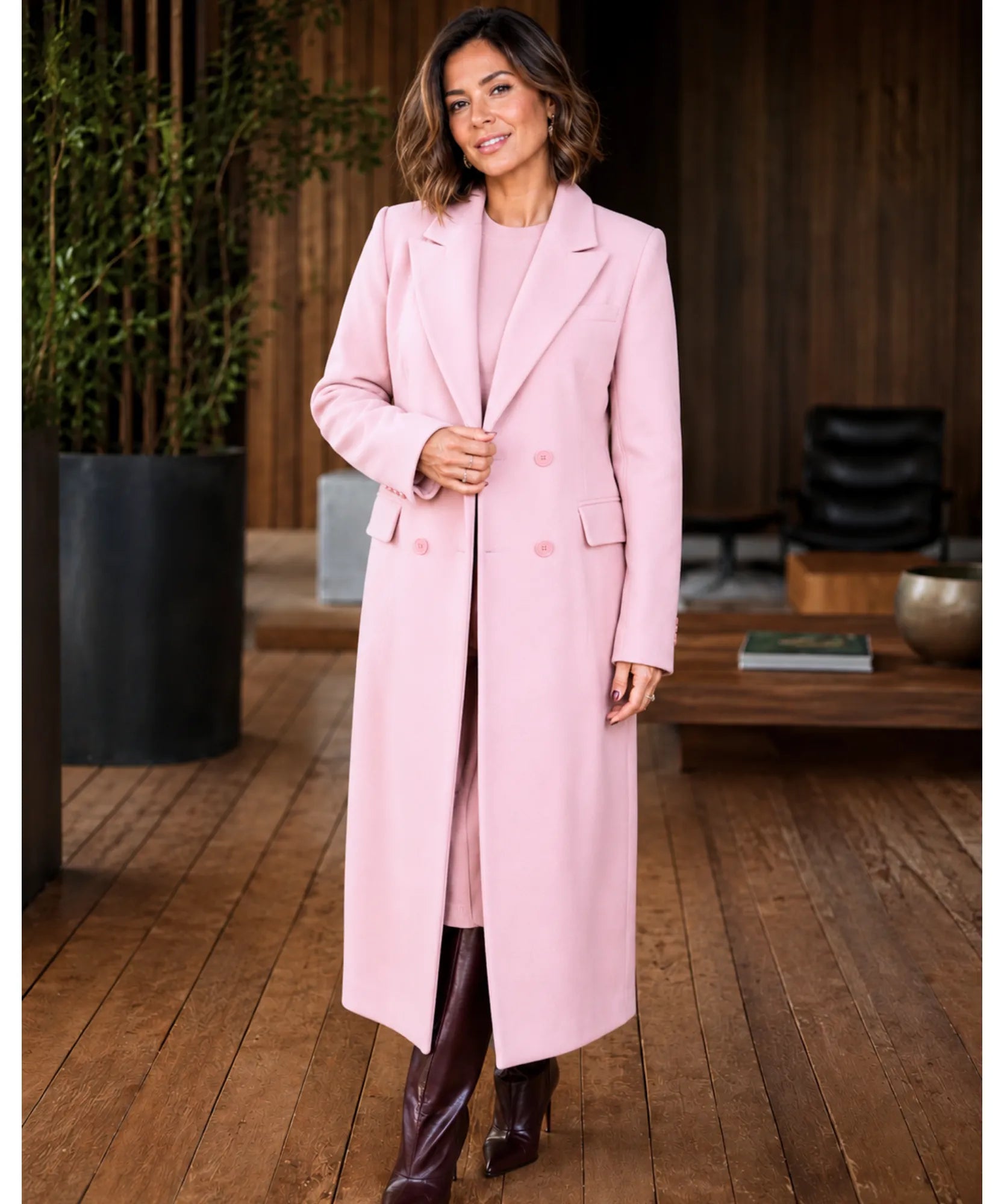 Comprar sobretudo feminino longo de lã batida com corte estruturado e botões duplos elegante para inverno sofisticado em promoção ANELLIMN