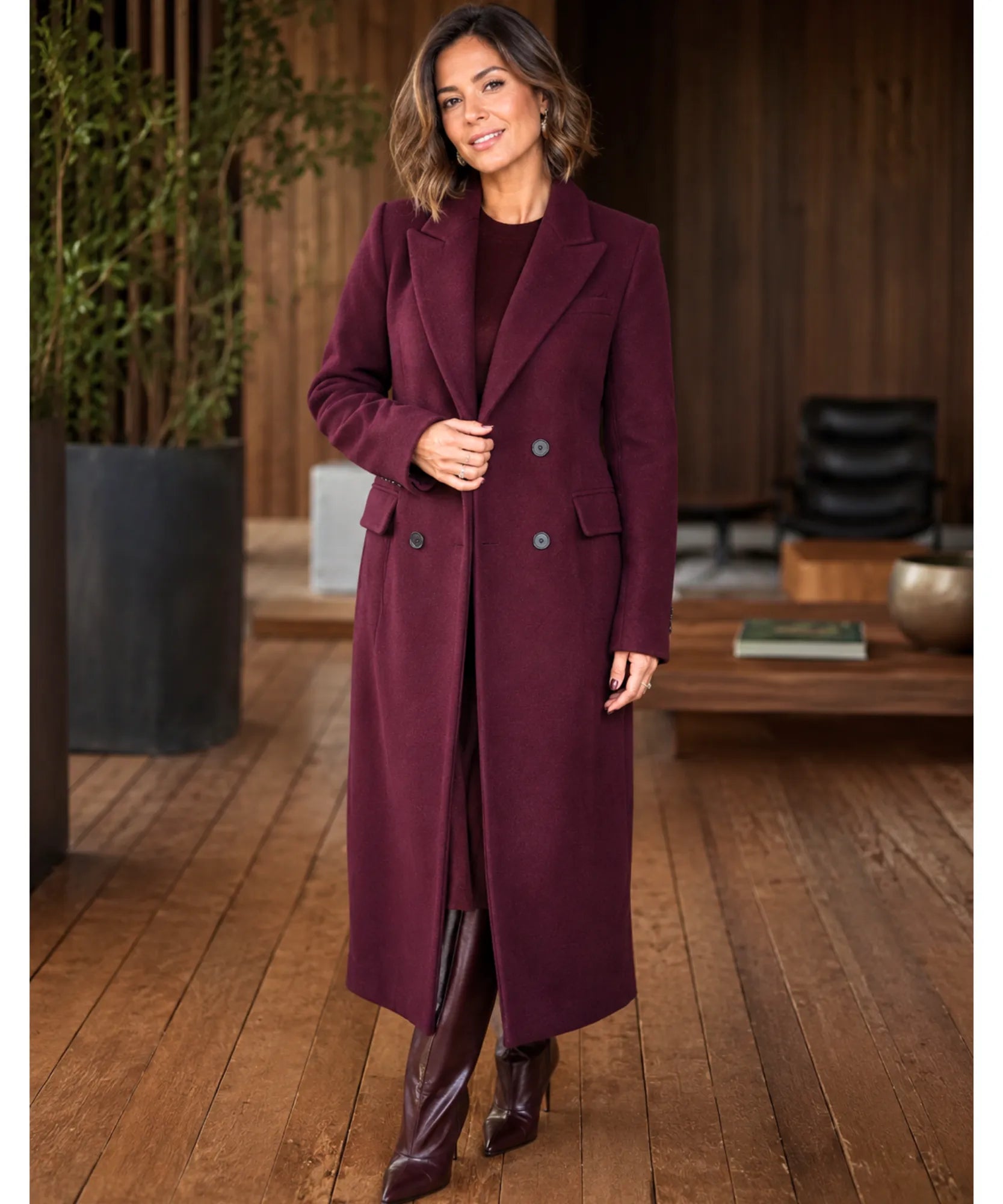 Comprar sobretudo feminino longo de lã batida com corte estruturado e botões duplos elegante para inverno sofisticado em promoção ANELLIMN