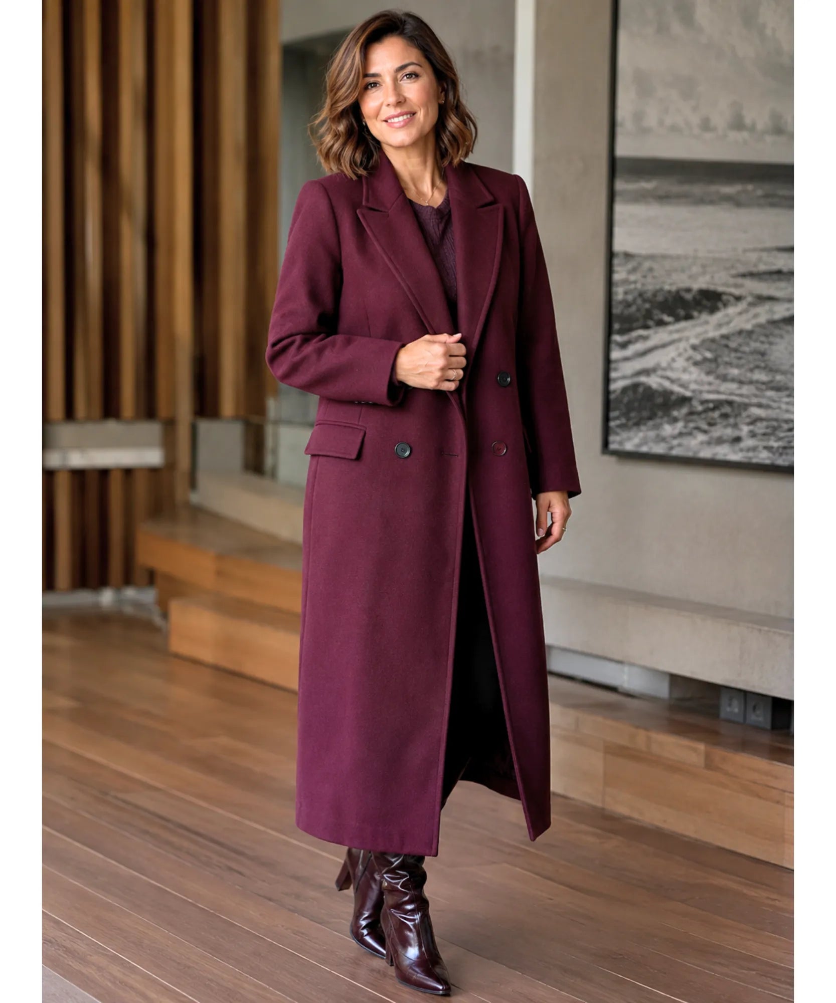 Comprar sobretudo feminino longo de lã batida com corte estruturado e botões duplos elegante para inverno sofisticado em promoção ANELLIMN