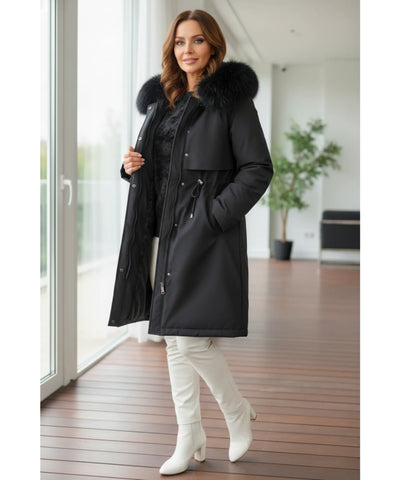 Sobretudo Feminino Longo de Inverno com Gola de Pele Macia | Babi