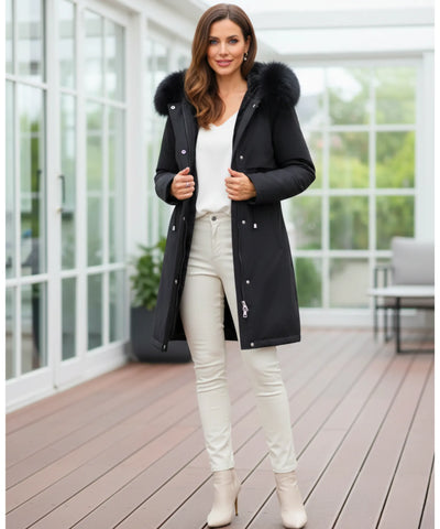 Sobretudo Feminino Longo de Inverno com Gola de Pele Macia | Babi