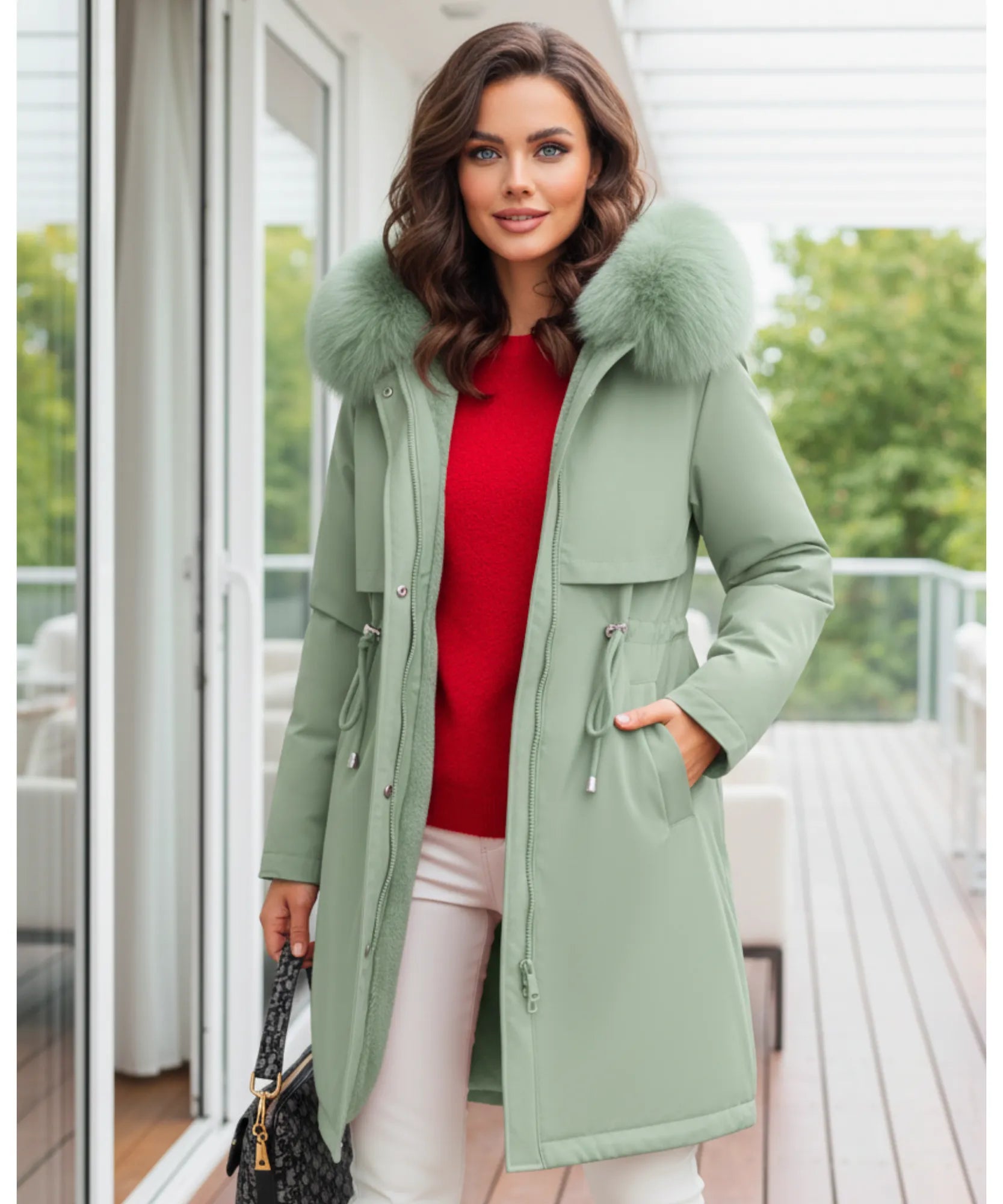 Comprar sobretudo feminino longo verde com forro aveludado, capuz e gola de pele para inverno rigoroso em promoção ZARA
