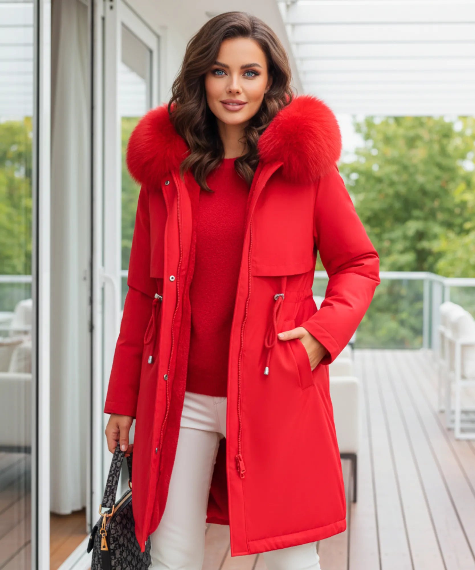 Comprar sobretudo feminino longo vermelho com forro aveludado, capuz e gola de pele para inverno rigoroso em promoção ZARA
