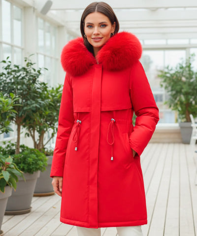 Comprar sobretudo feminino longo vermelho com forro aveludado, capuz e gola de pele para inverno rigoroso em promoção ZARA
