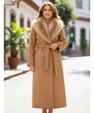 Comprar sobretudo feminino longo de lã batida com gola de pelo sofisticada para inverno elegante barato ZARA