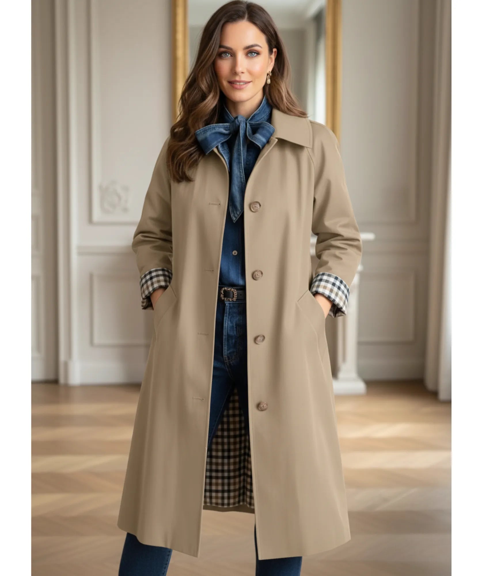 Comprar sobretudo feminino longo impermeável com forro xadrez e corte reto elegante para looks urbanos e dias de chuva com sofisticação barato ZARA