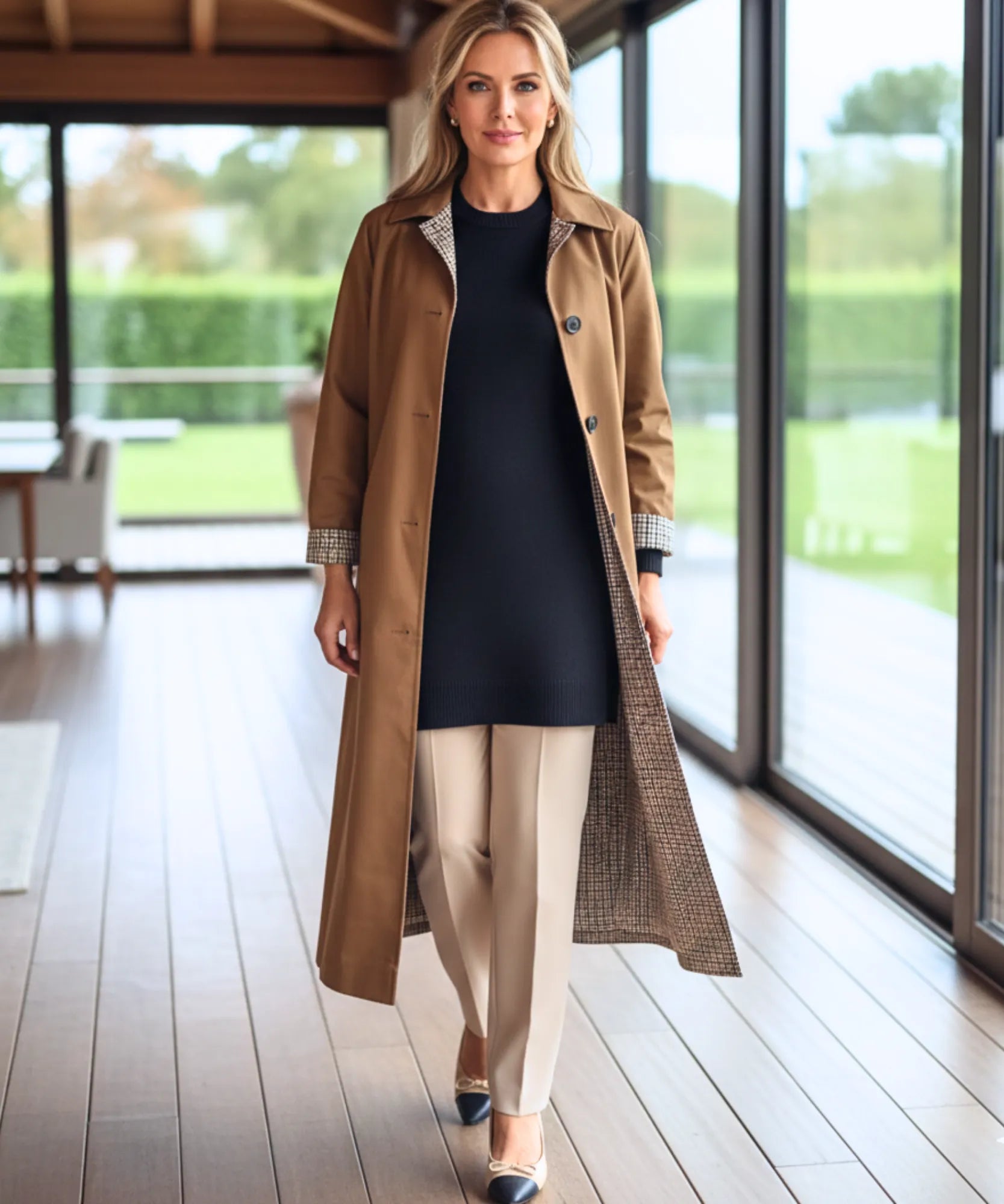 Comprar sobretudo feminino longo impermeável com forro xadrez e corte reto elegante para looks urbanos e dias de chuva com sofisticação barato ZARA