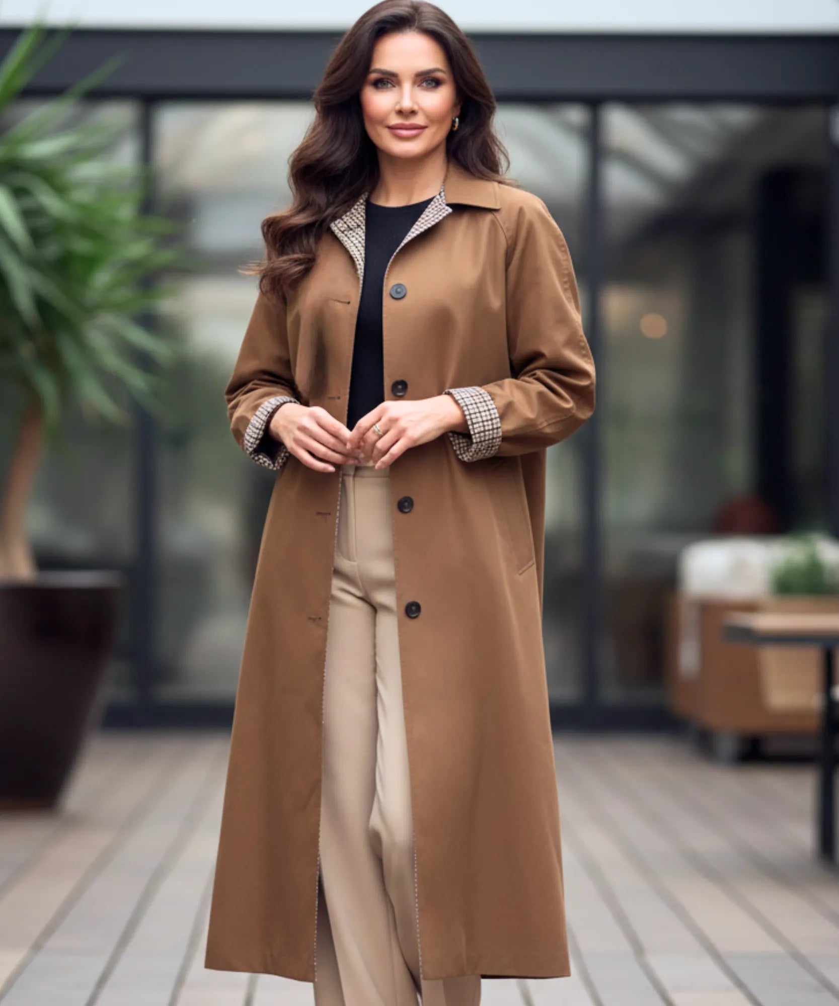 Comprar sobretudo feminino longo impermeável com forro xadrez e corte reto elegante para looks urbanos e dias de chuva com sofisticação barato ZARA