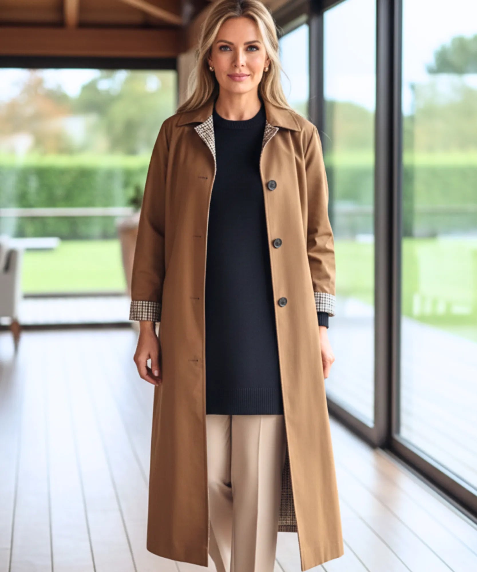 Comprar sobretudo feminino longo impermeável com forro xadrez e corte reto elegante para looks urbanos e dias de chuva com sofisticação barato ZARA