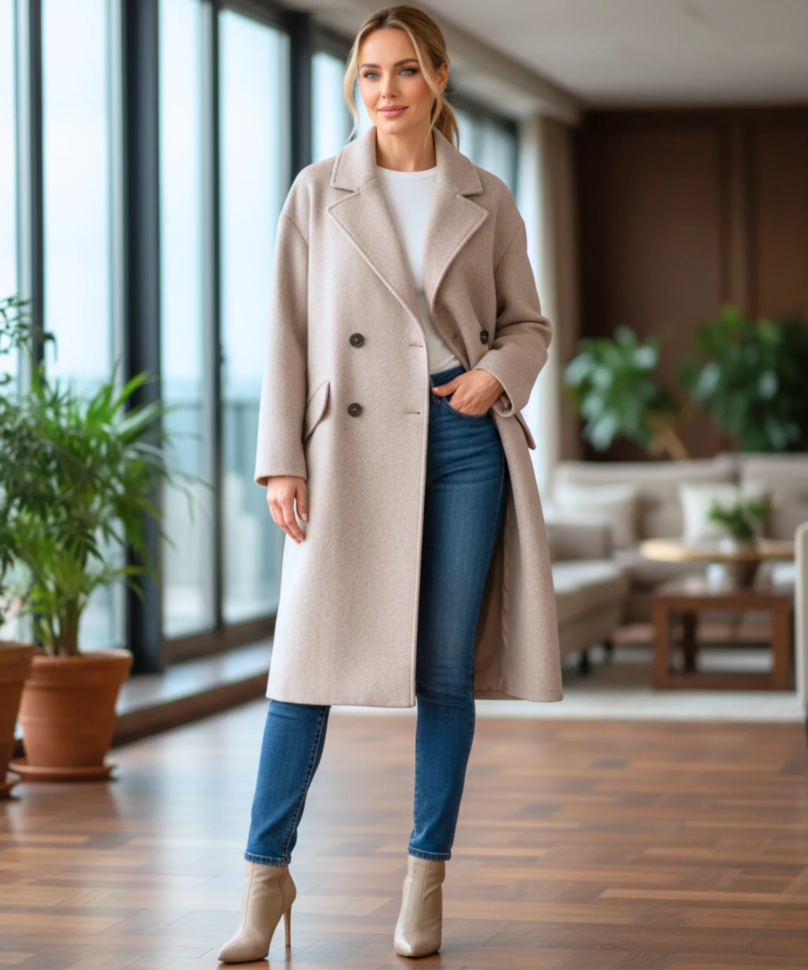 Comprar sobretudo feminino longo em lã batida com fechamento frontal duplo e lapela estruturada para inverno elegantes ZARA
