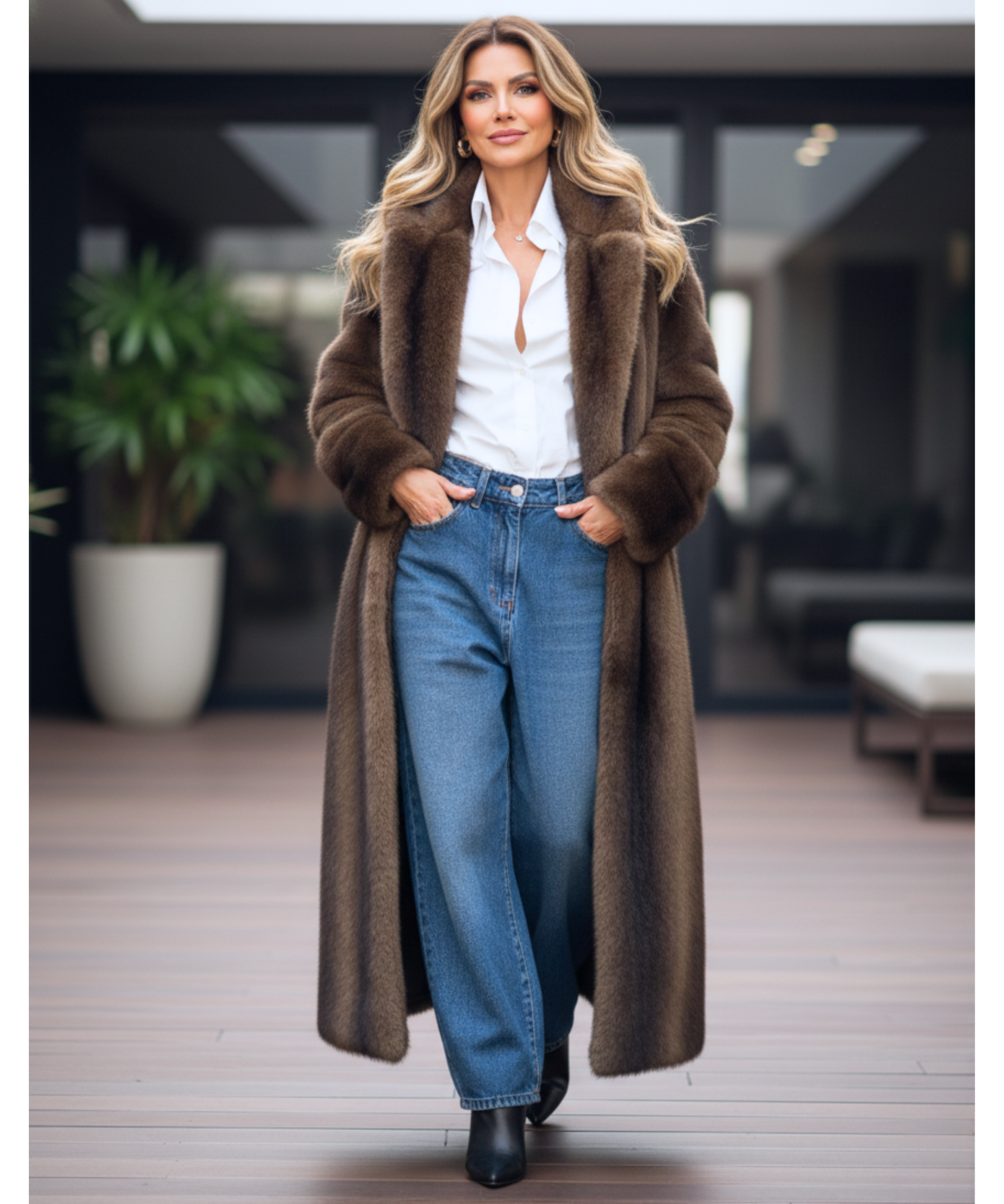 Comprar sobretudo feminino longo pelo oversized estilo vison marrom em promoção ZARA