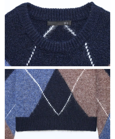 Comprar Suéter Feminino Estampa Losangos Gola Redonda Tricot Quente outono inverno barato e em promoção ANELLIMN