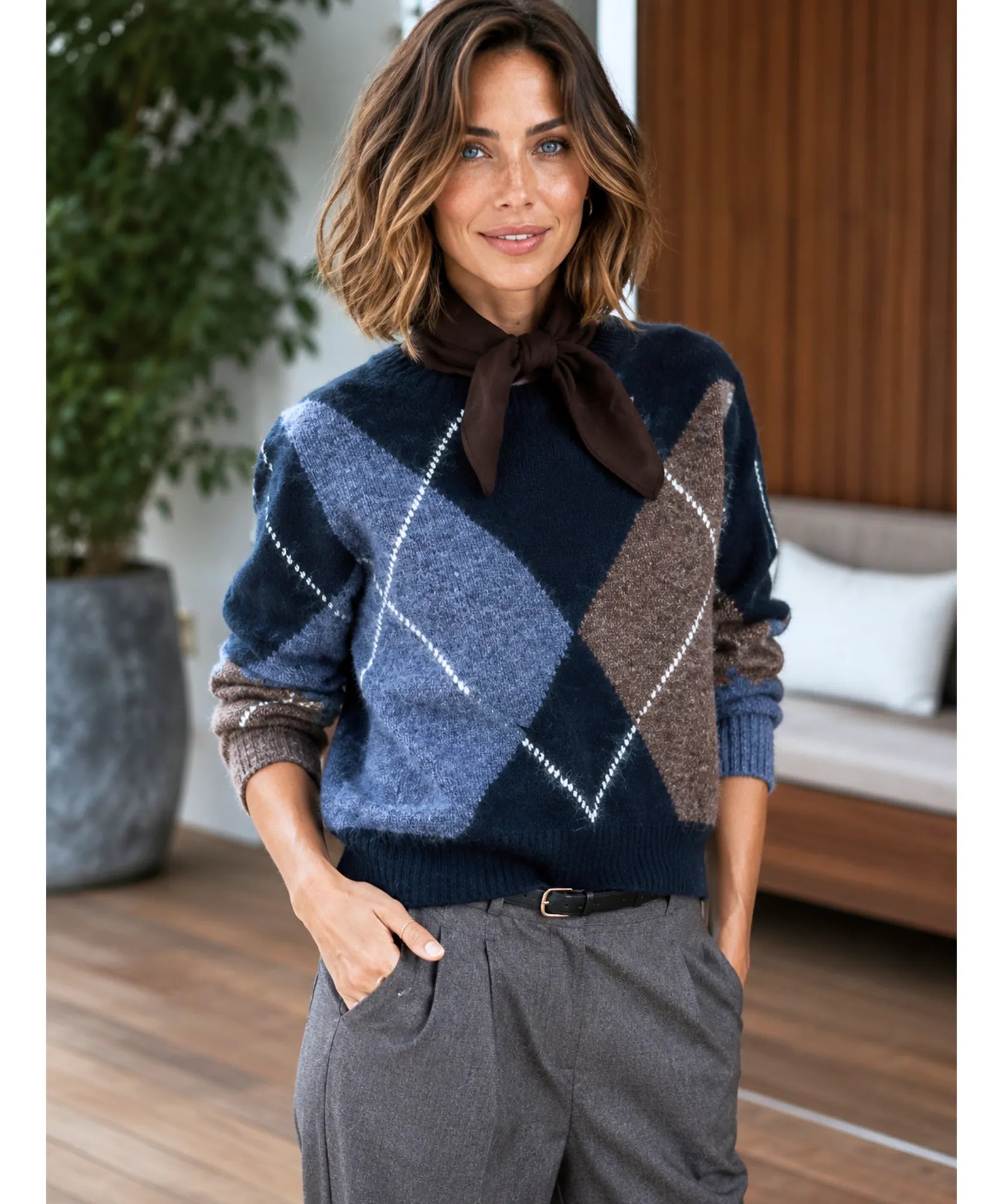 Comprar Suéter Feminino Estampa Losangos Gola Redonda Tricot Quente outono inverno barato e em promoção ANELLIMN