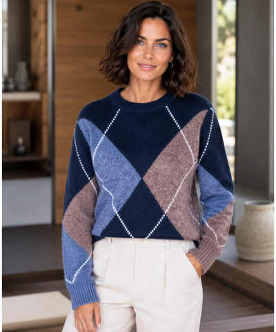 Comprar Suéter Feminino Estampa Losangos Gola Redonda Tricot Quente outono inverno barato e em promoção ANELLIMN