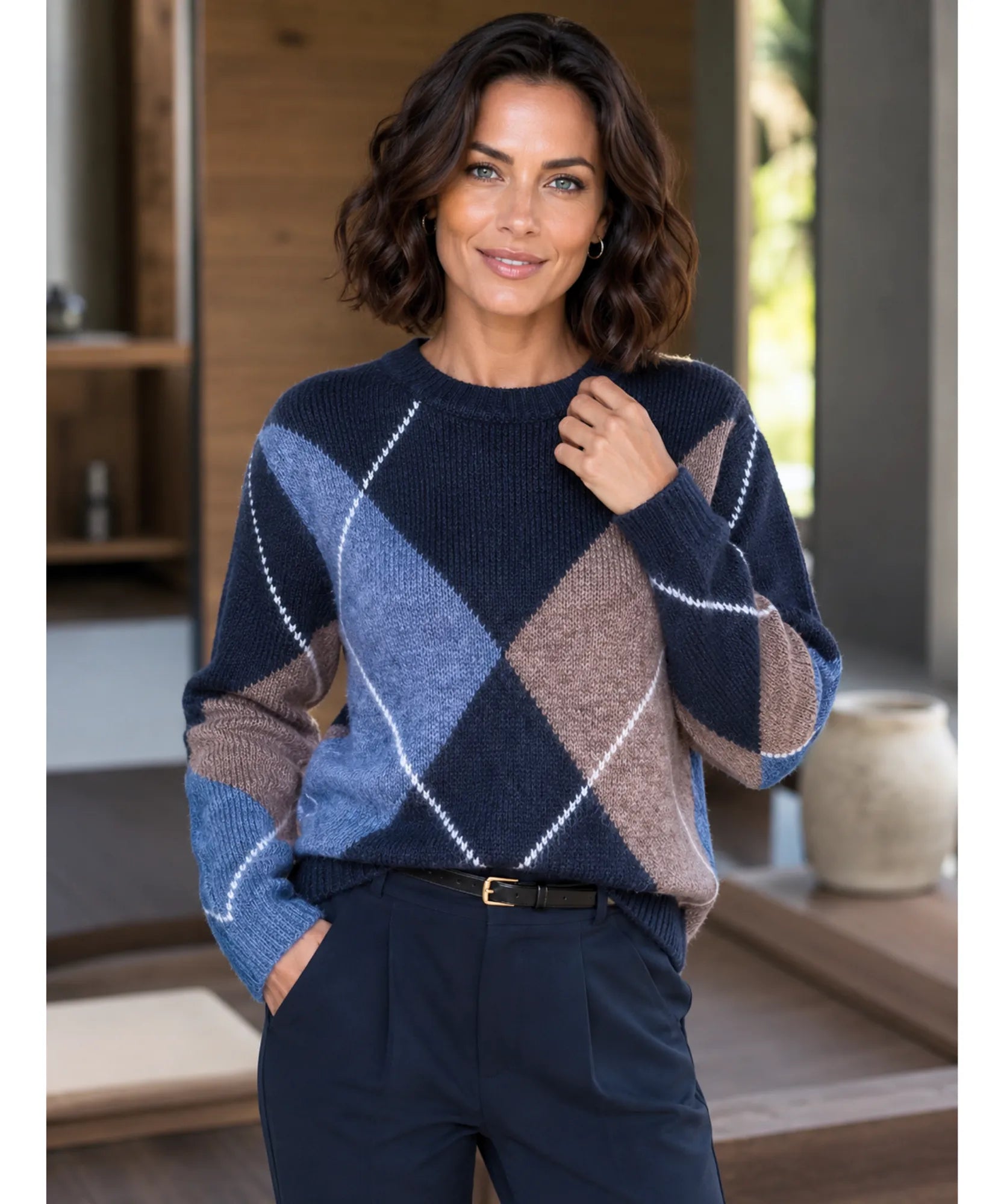 Comprar Suéter Feminino Estampa Losangos Gola Redonda Tricot Quente outono inverno barato e em promoção ANELLIMN