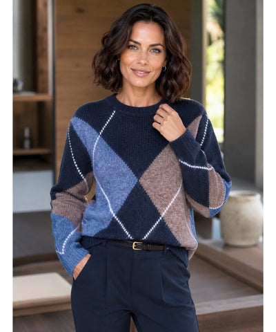 Comprar Suéter Feminino Estampa Losangos Gola Redonda Tricot Quente outono inverno barato e em promoção ANELLIMN