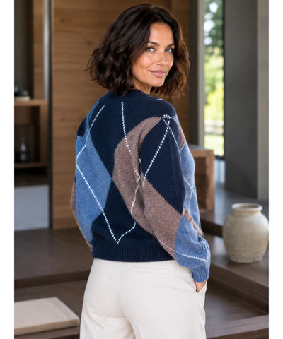 Comprar Suéter Feminino Estampa Losangos Gola Redonda Tricot Quente outono inverno barato e em promoção ANELLIMN