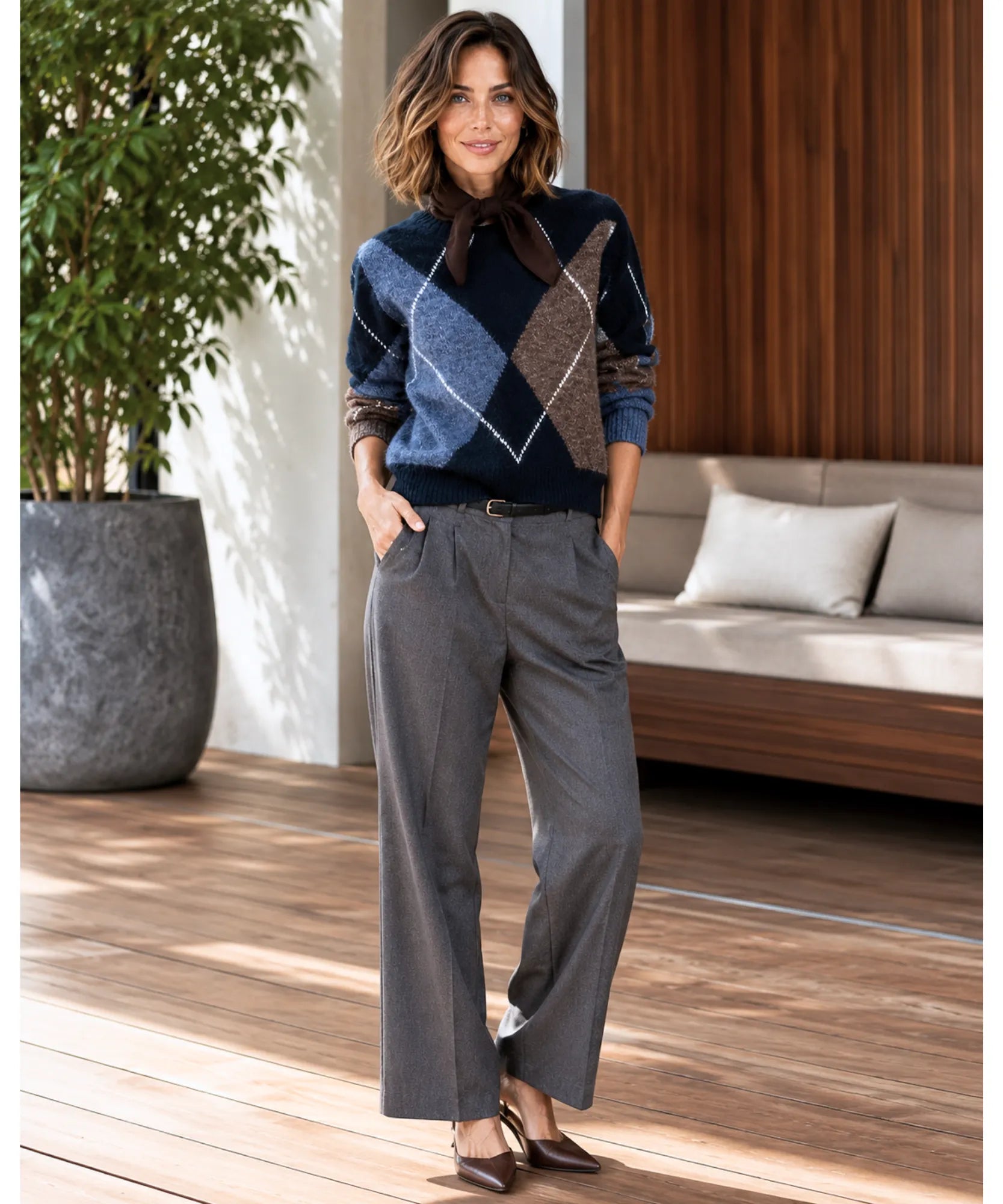Comprar Suéter Feminino Estampa Losangos Gola Redonda Tricot Quente outono inverno barato e em promoção ANELLIMN