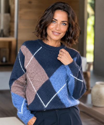 Comprar Suéter Feminino Estampa Losangos Gola Redonda Tricot Quente outono inverno barato e em promoção ANELLIMN